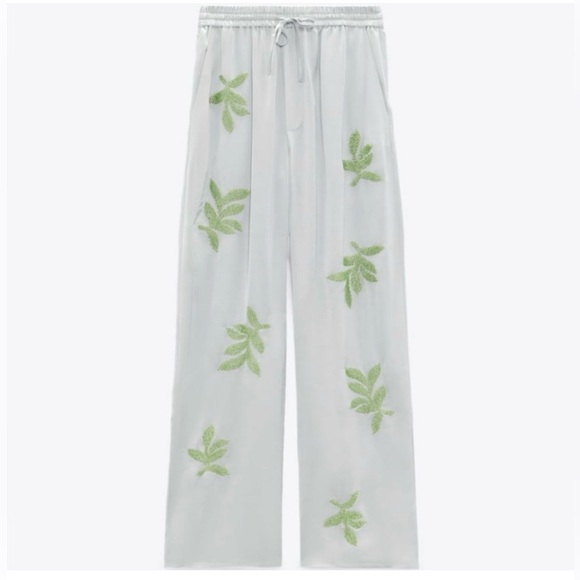 Zara Wide Leg Pants Women’s Size M Beaded Leaf Embroidery - Picture 1 of 16